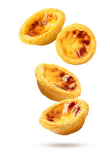 Falling egg tarts isolated on white background.