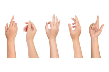 Set of woman hand gestures collection isolated on white background.