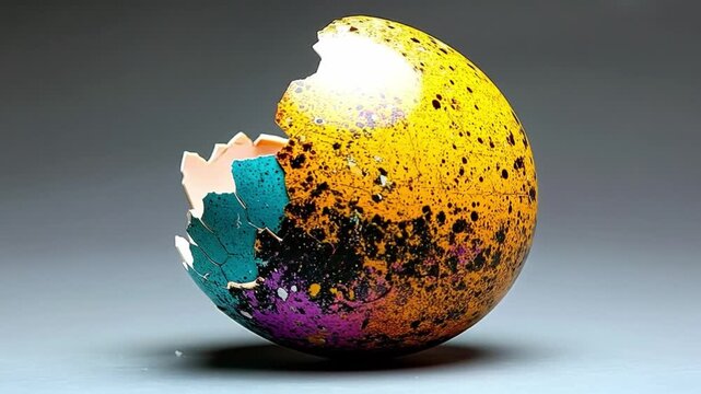 Broken eggshell with colorful textures isolated on a smooth gradient background