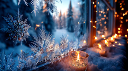 Cozy winter evening scene with frosted windowpane, flickering candles, and soft bokeh lights creating a magical, serene atmosphere for holiday promotions and seasonal decor.