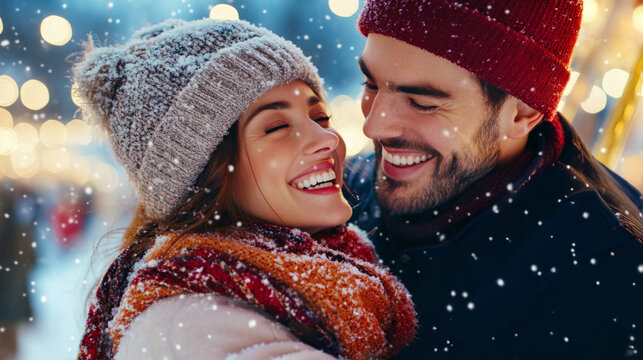 Romantic winter embrace: couples in elegant coats amidst falling snowflakes
