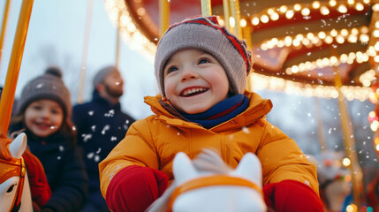 Captivating christmas carousel experience with joyful children under festive lights