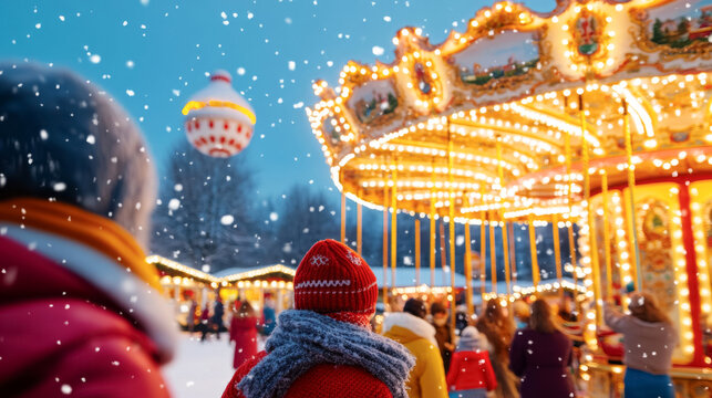 Enchanting christmas carousel in snowy winter wonderland for holiday celebrations