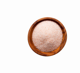 Himalayan pink salt in wooden bowl - white background