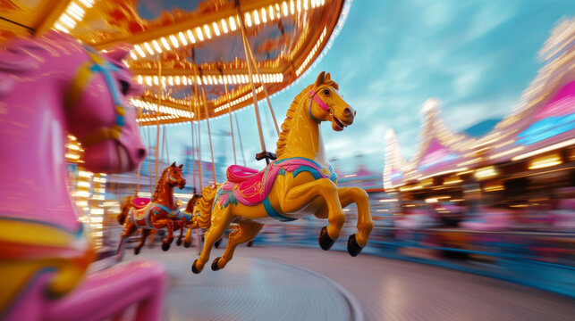 Exciting carnival experience with vibrant carousel lights and motion blur