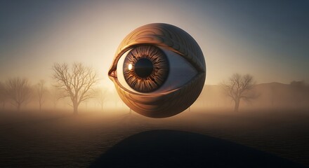 Surreal landscape with floating wooden eye hovering over misty field