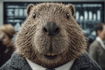a close-up of a stuffed animal wearing a suit