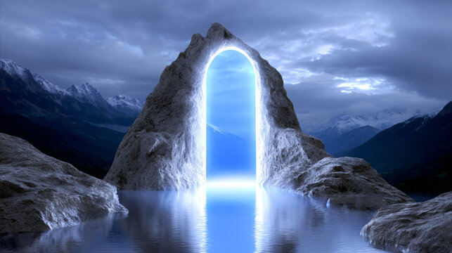 Enigmatic portal glowing with ethereal light stands amidst rocky terrain and serene water, creating a mystical atmosphere in a breathtaking landscape
