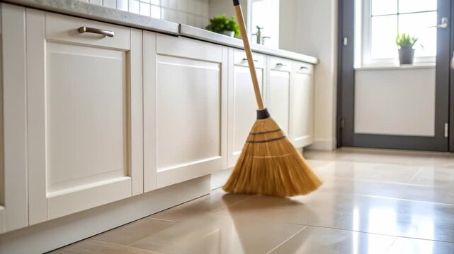 Broom leaning against kitchen cabinet cleaning concept copy space lifestyle