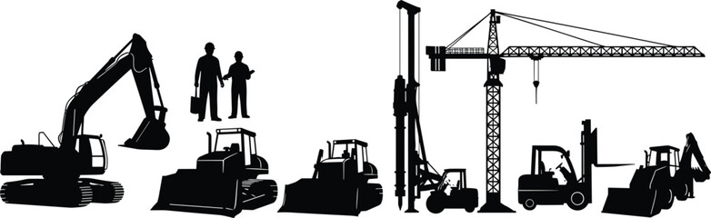 Heavy Construction Equipment and Engineers Black Silhouettes Set, Including Crane, Excavator, Bulldozer, Forklift, and Drill Rig, for Engineering and Building Vector Graphic