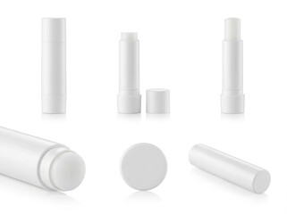 Blank white lip balm stick cosmetic container with cap in different views