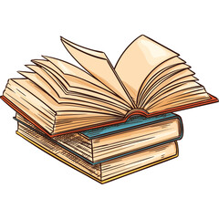 Stack Of Three Open And Closed Books With Cream Colored Pages And Tan Covers On A Transparent Background An Open Book Shows Many Pages
