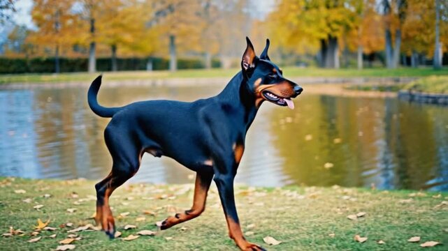 A doberman stands near a pond with trees in the background on a sunny autumn day in the park dog video
