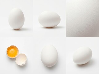 Collection of white eggs, one cracked showing the yolk, and a textured shell detail on a white background