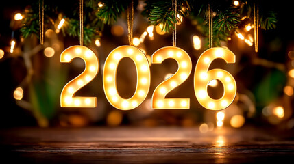 Illuminate your future with the glowing anticipation of a bright new year, 2026, surrounded by festive holiday cheer and warm bokeh lights.