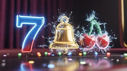 Lucky number seven neon sign glowing with electric sparks, golden bell and red cherry symbols shining brightly on reflective surface, vibrant casino lights create energetic atmosphere