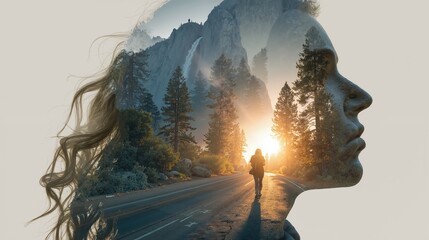 Reflective journey: nature and human connection explored through double exposure art