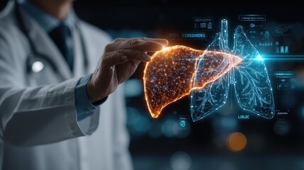 Doctor interacting with futuristic holographic liver and lungs medical technology interface