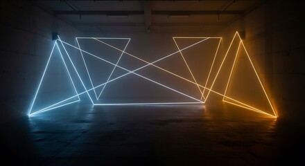 Contemporary display featuring triangles of blue and orange neon lights