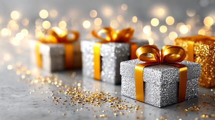 Sparkling holiday gifts with golden ribbons and festive bokeh lights create a magical atmosphere for celebrations
