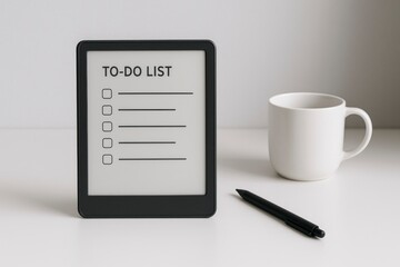An E-ink dashboard displays a to-do list on a white background. A black pen and a white coffee mug are nearby, creating a minimalist workspace.