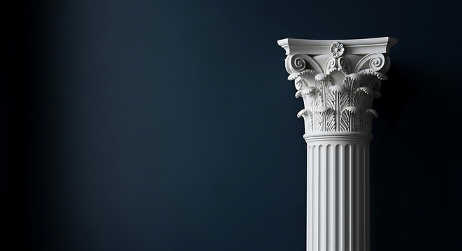 Close-up of a white ionic order column against a dark blue background