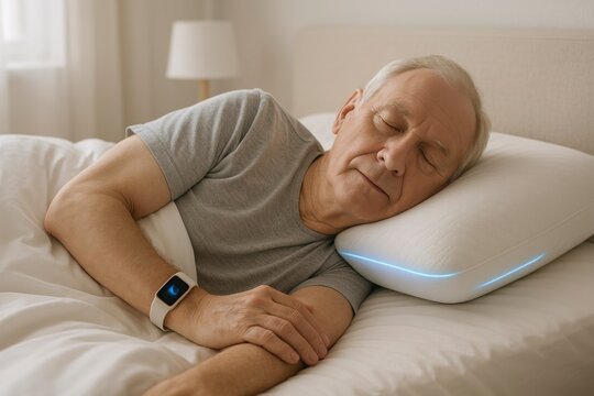 An elderly Caucasian man sleeps peacefully on a bed. He wears a gray shirt and a smartwatch. A high-tech pillow with a soft glow is beside him.