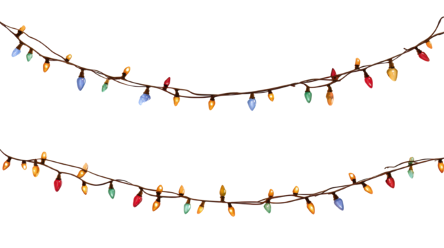 Colorful glowing Christmas string lights arranged in festive decorative garlands creating cheerful holiday atmosphere and seasonal celebration design on white background