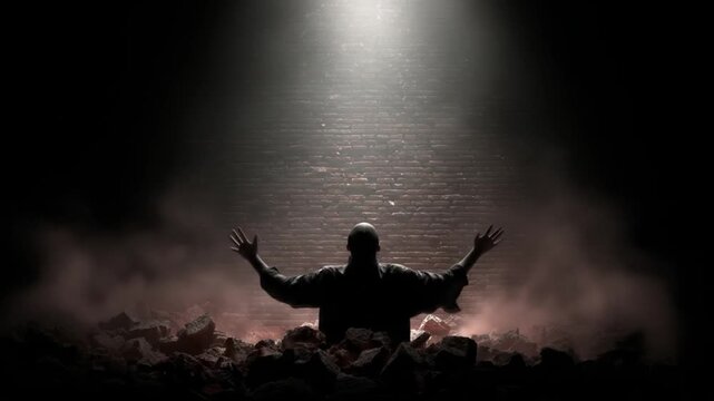 Silhouette of person reaching upward in dramatic lighting conceptual image