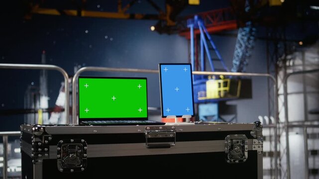 Green and blue screen on devices support offshore drilling rig calibration and logistics through automation software. Improving petroleum extraction in the oil and gas industry.