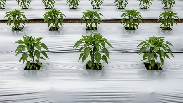A perfectly structured grid of healthy, mid-sized pepper plants emerging from crisp white plastic mulch, highlighting uniformity and high-density planting.