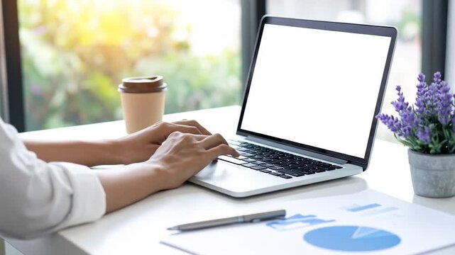 Person typing on a laptop at a desk, with a blank screen, business concept