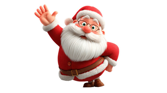Cheerful cartoon Santa Claus waving happily with festive holiday spirit, joyful expression and classic red outfit bringing Christmas celebration vibes on white background