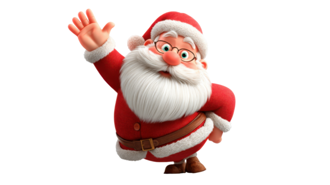 Cheerful cartoon Santa Claus waving happily with festive holiday spirit, joyful expression and classic red outfit bringing Christmas celebration vibes on white background