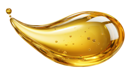 Golden translucent oil drop forming smooth curved splash with bubbles representing purity hydration skincare cosmetic and natural beauty essence on white background