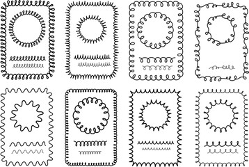 Wave hand drawn doodle frame borders. Vector editable seamless elements. Wavy borders design set created with gentle wave strokes.