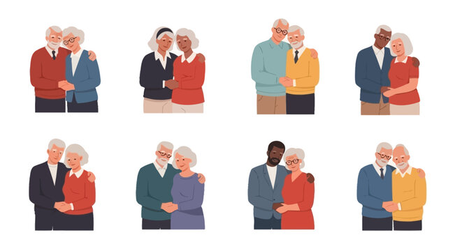 A collection of diverse elderly couples embracing each other with love. Set of vector illustrations showing happy senior man and woman hugging
