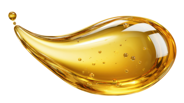 Golden translucent oil drop forming smooth curved splash with bubbles representing purity hydration skincare cosmetic and natural beauty essence on white background