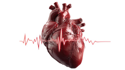 Realistic human heart anatomy model with glowing electrocardiogram heartbeat signal illustrating medical health concept and cardiovascular activity on white background