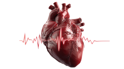 Realistic human heart anatomy model with glowing electrocardiogram heartbeat signal illustrating medical health concept and cardiovascular activity on white background