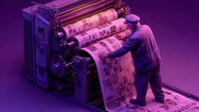 Printing Press Operator Printing Newspapers in Purple Light.