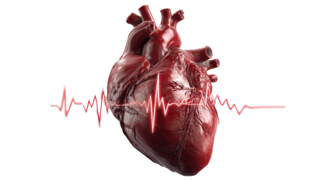 Realistic human heart anatomy model with glowing electrocardiogram heartbeat signal illustrating medical health concept and cardiovascular activity on white background