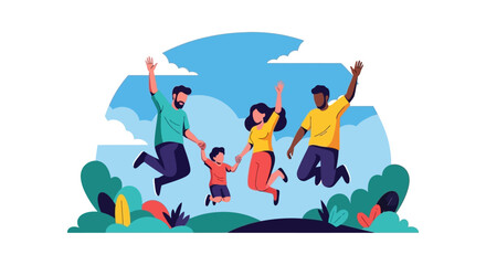 Joyful Family Leaping in Nature Illustration of Happiness and Togetherness