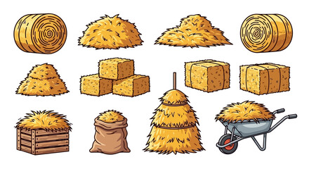 Set of illustrated farm and harvest elements including hay bales, sacks, and wheelbarrows for agricultural and rural themes © Elsa