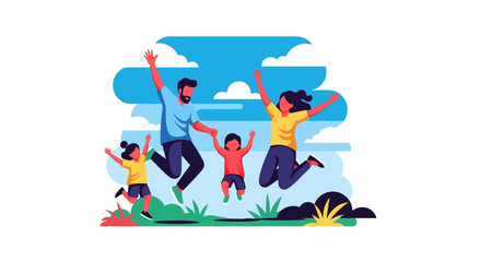 Vibrant vector illustration depicting a joyful family of four, including parents and two children, enthusiastically leaping together outdoors, celebrating happiness, freedom, and togetherness