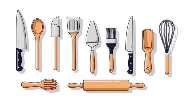 Collection of assorted kitchen utensils for baking and cooking, including spatulas, whisks, knives, and rolling pins