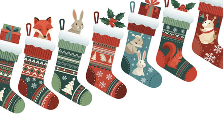 Christmas Stockings Filled with Adorable Animals and Festive Gifts