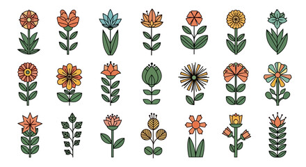 A vibrant and charming collection of diverse folk-art inspired floral icons, illustrating a creative concept for nature-themed graphic design projects and decorative elements