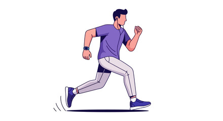 Modern flat vector illustration of a young man running with earphones and a fitness tracker, jogging for a healthy lifestyle