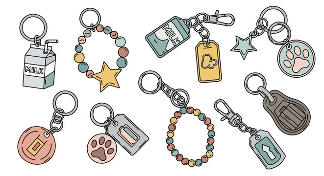 Creative vector illustration of a diverse set of cute keychains, including paw prints, stars, and beaded charms for personal accessories